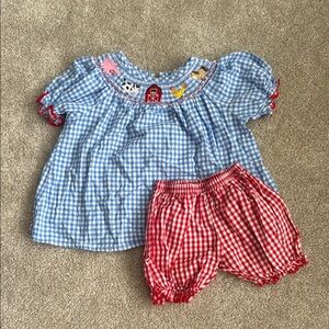 Charming Blue and Red Gingham Matching Set with Puff Sleeves